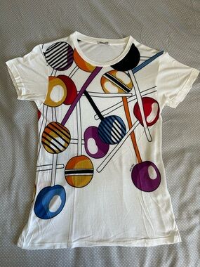Vintage Graphic White Tee with Colorful Lollipop Print by Miu Miu